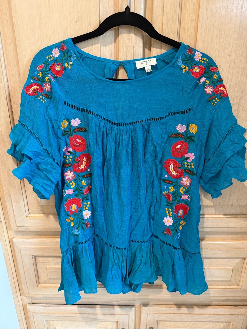 Umgee Teal Embroidered Ruffle Sleeve Peplum Top
